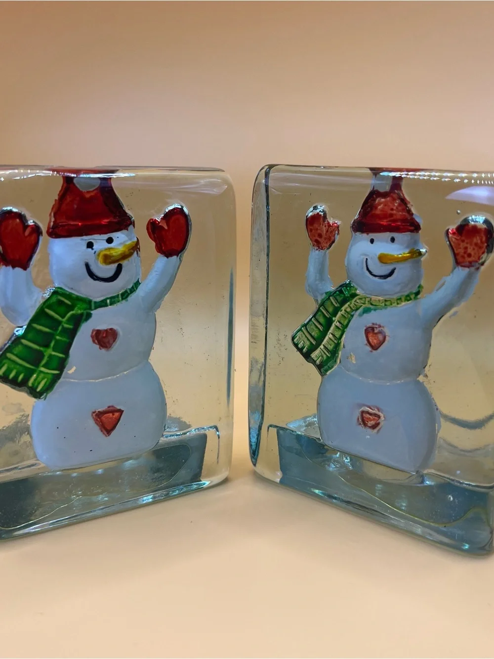 Vintage Fused Art Glass Snowman Block Tealight Votive Candle Holders Set of 2